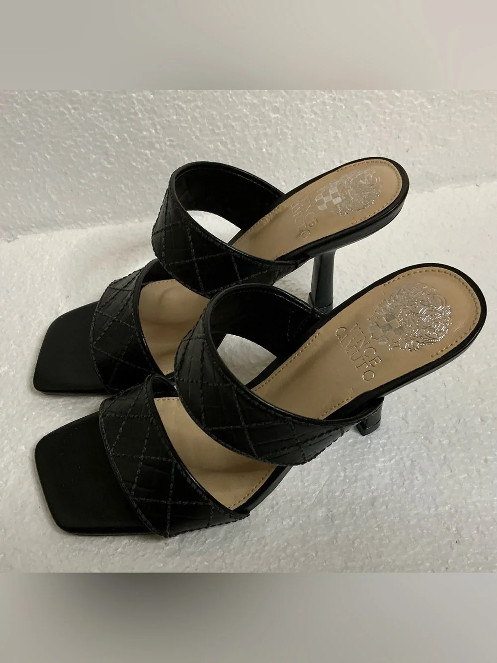 Vince Camuto Slide Mule Heels 6M Cherzel Black Leather Quilted Brazil NWOT